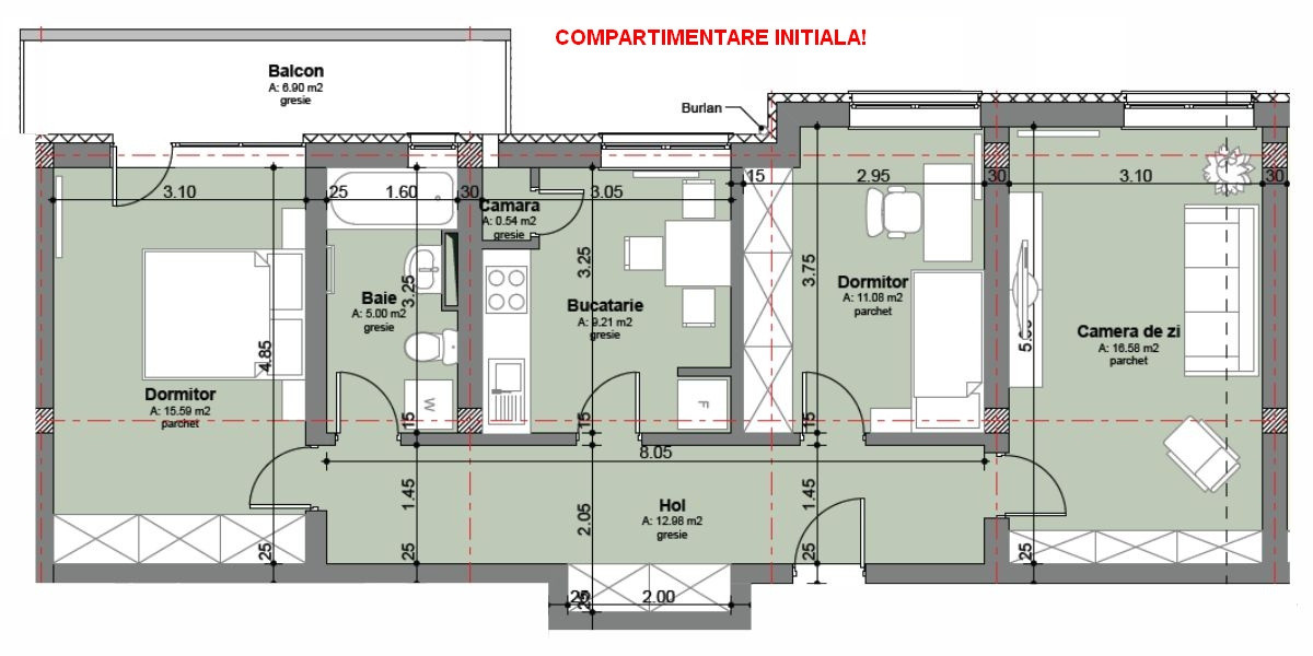 Apartament 3 camere, 71mp + boxa + parcare strada Florilor 207A, Floresti